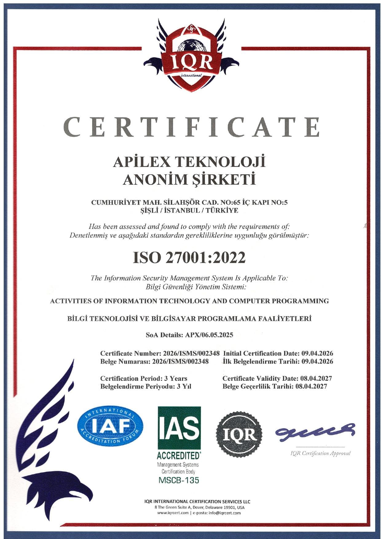 Certificado ISO/IEC 27001:2022 da Apilex